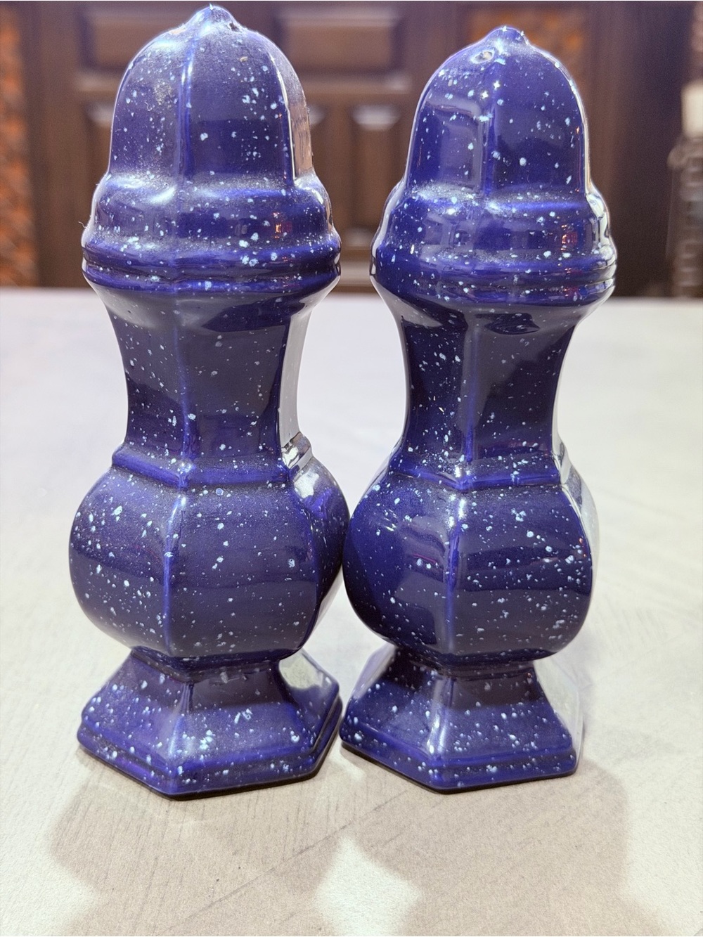 Ceramic Salt and Pepper Shakers in Deep Speckled Blue RARE